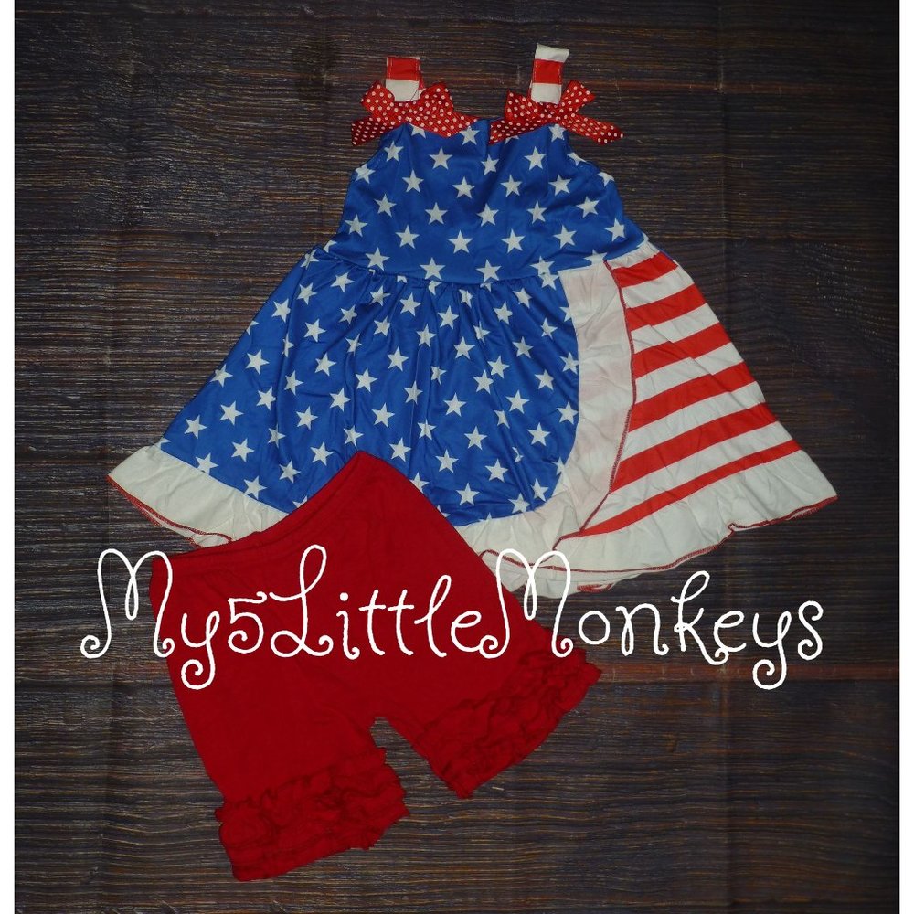 Boutique Patriotic 4th of July Tunic Dress Ruffle Shorts Girls Outfit Set